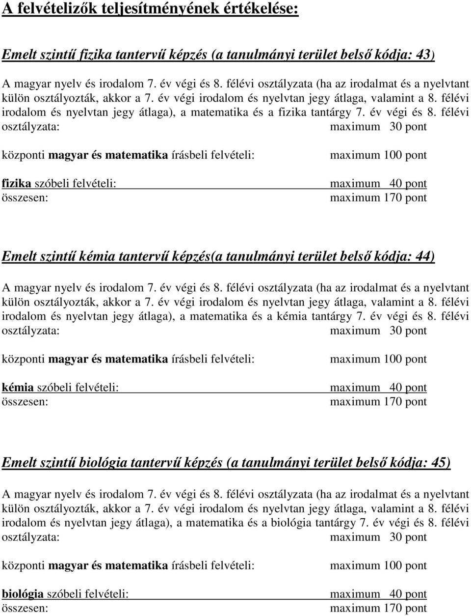 félévi osztályzata: maximum 30 pont fizika szóbeli felvételi: maximum 170 pont Emelt szintű kémia tantervű képzés(a tanulmányi terület belső kódja: 44) irodalom és nyelvtan jegy átlaga), a