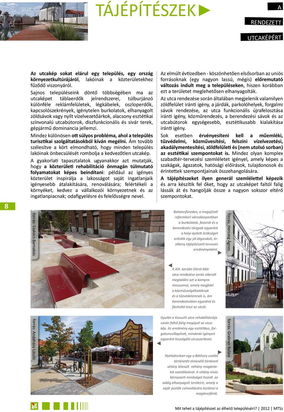 zöldsávok vagy nyílt vízelvezetőárkok, alacsony esztétikai színvonalú utcabútorok, diszfunkcionális és sivár terek, gépjármű dominancia jellemzi.