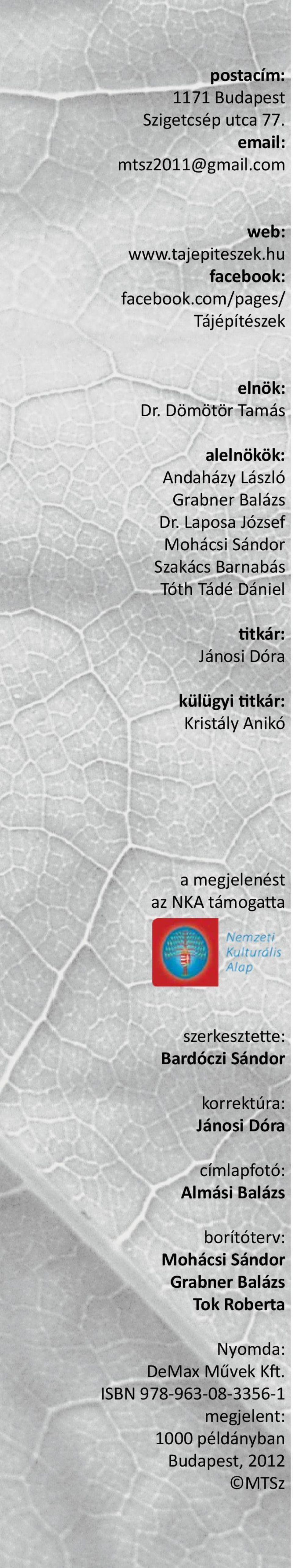 Laposa József Mohácsi Sándor Szakács Barnabás Tóth Tádé Dániel titkár: Jánosi Dóra külügyi titkár: Kristály Anikó a megjelenést az NKA támogatta
