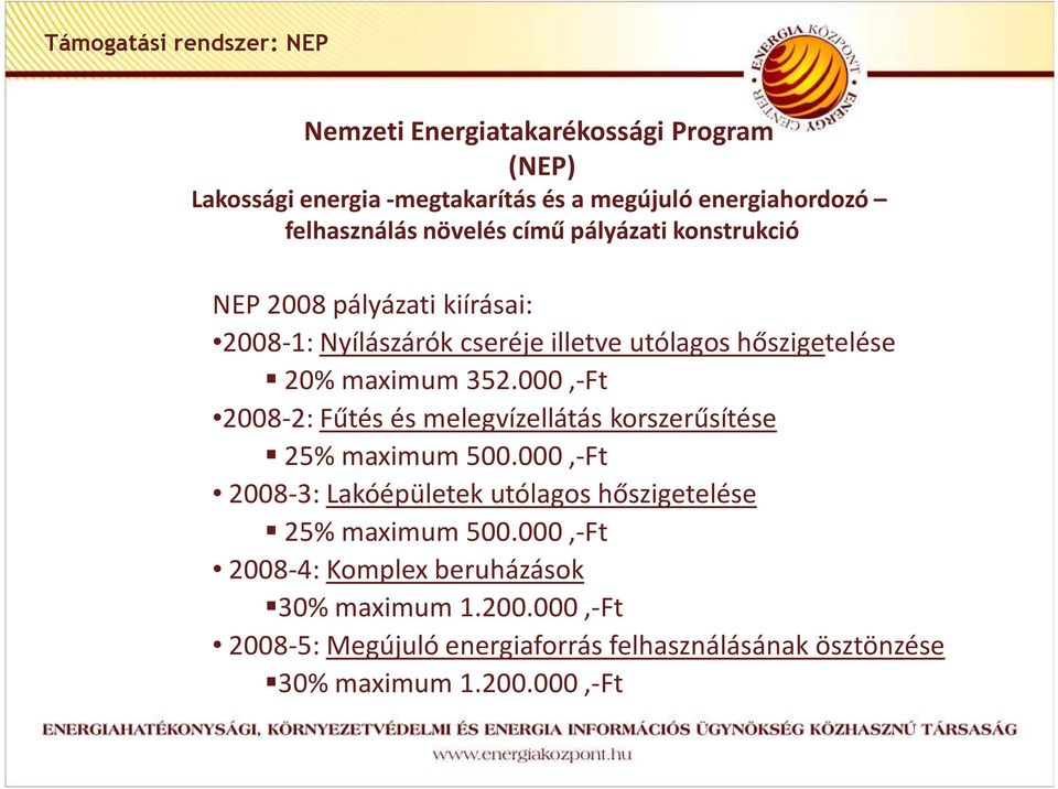 000,-Ft 2008-2: Fűtés és melegvízellátás korszerűsítése 25% maximum 500.000,-Ft 2008-3: Lakóépületek utólagos hőszigetelése 25% maximum 500.