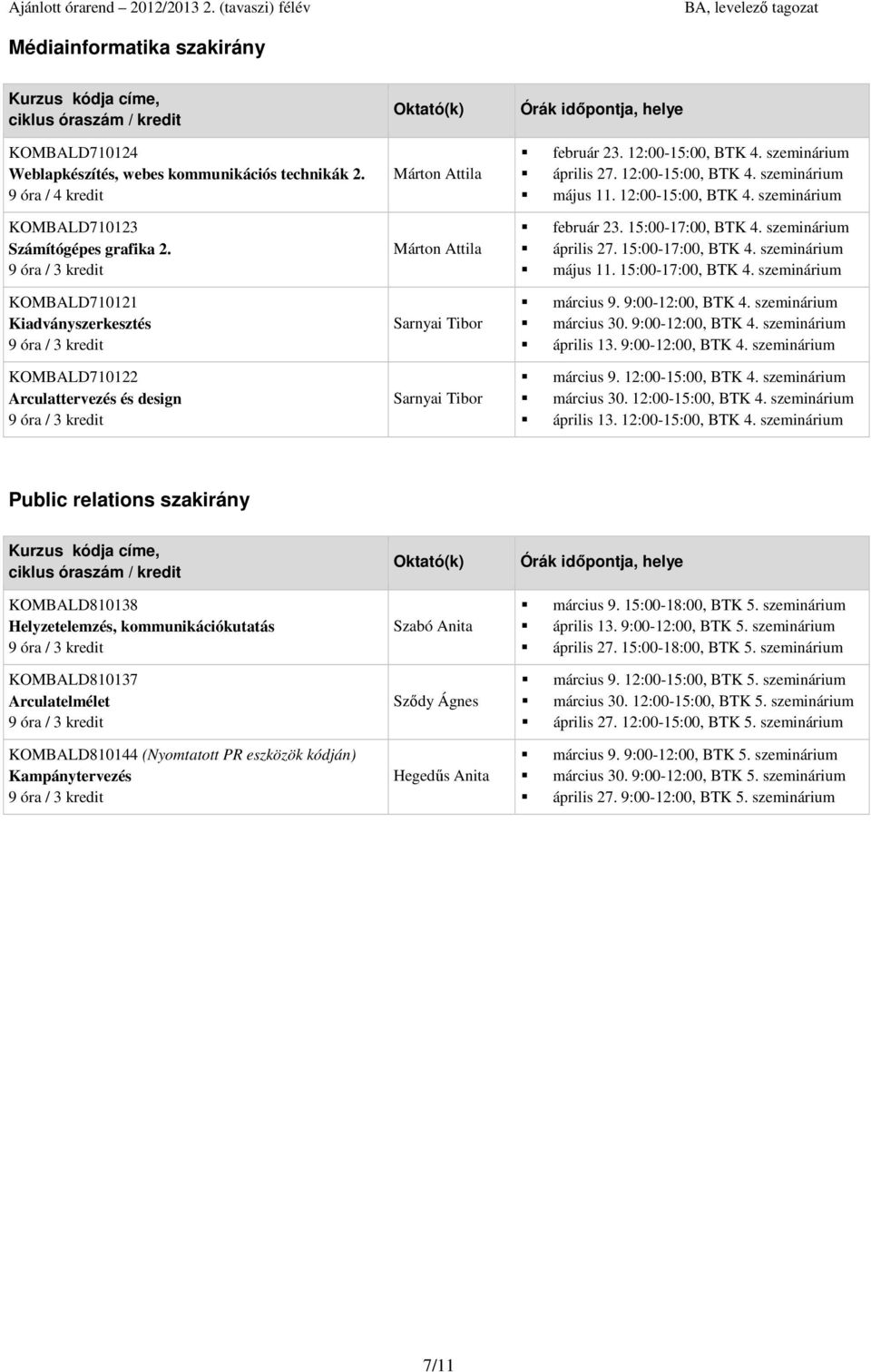 9:00-12:00, március 30. 9:00-12:00, április 13. 9:00-12:00, KOMBALD710122 Arculattervezés és design Sarnyai Tibor március 9. 12:00-15:00, március 30. 12:00-15:00, április 13.