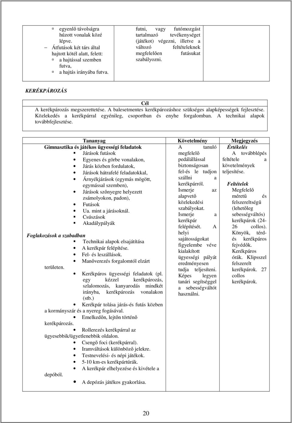 A balesetmentes kerékpározáshoz szükséges alapképességek fejlesztése. Közlekedés a kerékpárral egyénileg, csoportban és enyhe forgalomban. A technikai alapok továbbfejlesztése.