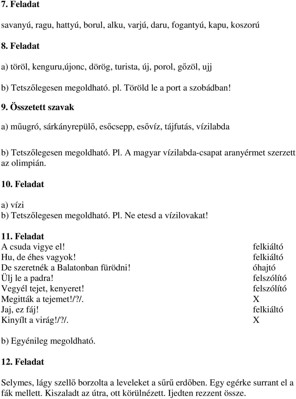 A magyar vízilabda-csapat aranyérmet szerzett az olimpián. 10. Feladat a) vízi b) Tetszőlegesen megoldható. Pl. Ne etesd a vízilovakat! 11. Feladat A csuda vigye el! Hu, de éhes vagyok!