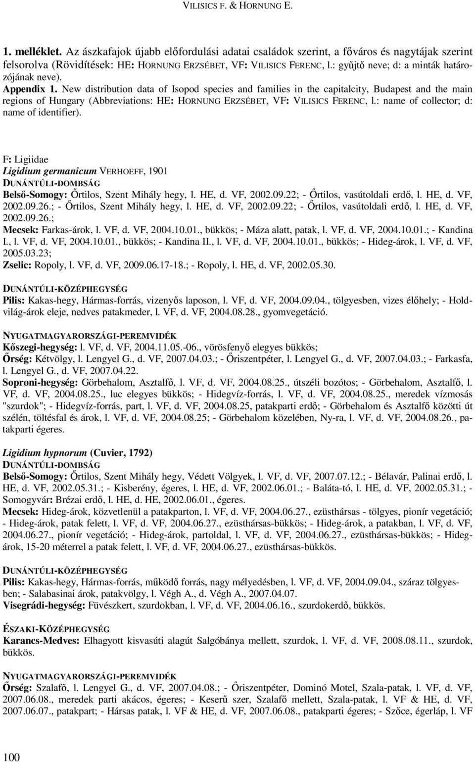 New distribution data of Isopod species and families in the capitalcity, Budapest and the main regions of Hungary (Abbreviations: HE: HORNUNG ERZSÉBET, VF: VILISICS FERENC, l.