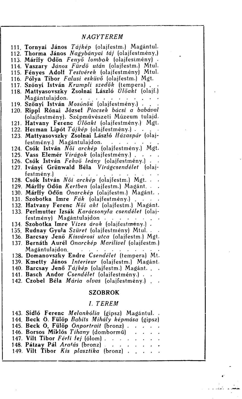 ) Magántulajdon.. 119. Szőnyi István Mosónőit (olajfestmény.).. 120. Rippl Rónai József Piacsek bácsi a babával (olajfestmény). Szépművészeti Múzeum tulajd. 121. Hatvany Ferenc Ülőakt (olajfestmény.