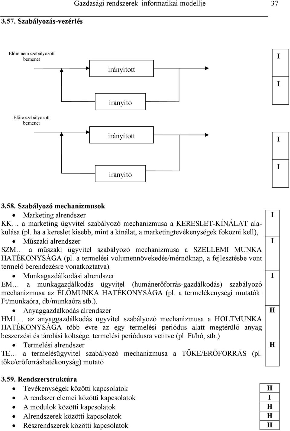 ha a kereslet kisebb, mint a kínálat, a marketingtevékenységek fokozni kell), Mőszaki alrendszer SZM a mőszaki ügyvitel szabályozó mechanizmusa a SZELLEM MUNKA ATÉKONYSÁGA (pl.