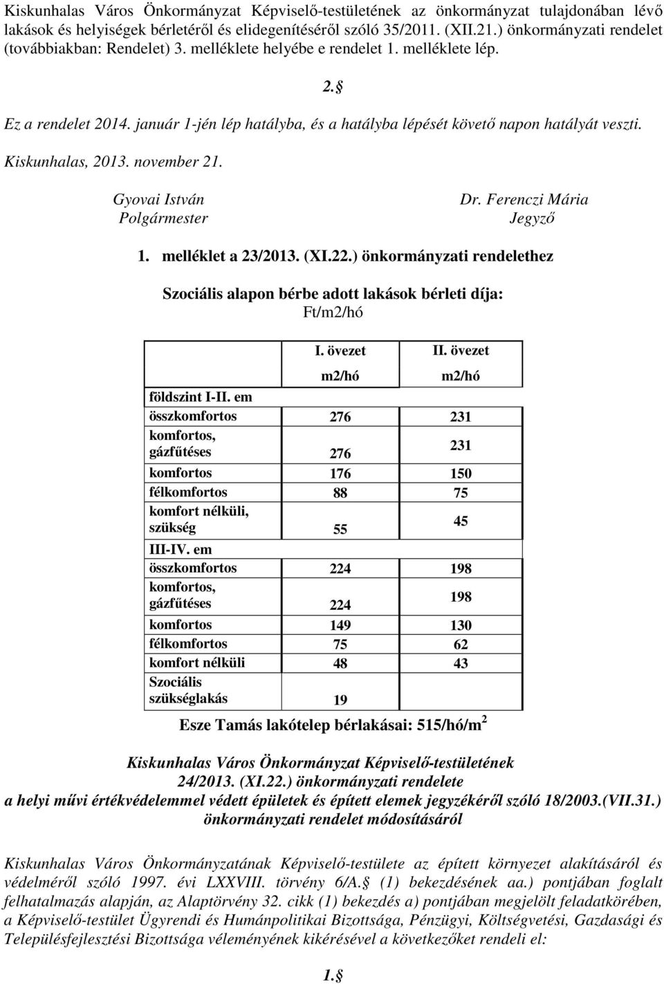 január 1-jén lép hatályba, és a hatályba lépését követő napon hatályát veszti. Kiskunhalas, 2013. november 21. Gyovai István Polgármester Dr. Ferenczi Mária Jegyző 1. melléklet a 23/2013. (XI.22.