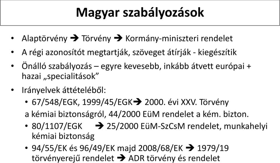 67/548/EGK, 1999/45/EGK 2000. évi XXV. Törvény a kémiai biztons