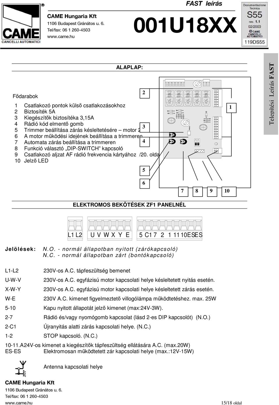 / 10 Jelzı LED 2 PROG 1 2 1 5 6 7 8 9 10 ELEKTROMOS BEKÖTÉSEK ZF1 PANELNÉL L1 L2 U V W X Y E 5 C1 7 2 1 11 10ESES Jelölések: N.O. - normál állapotban nyitott (zárókapcsoló) N.C. - normál állapotban zárt (bontókapcsoló) L1-L2 U-W-V X-W-Y W-E 230V-os A.