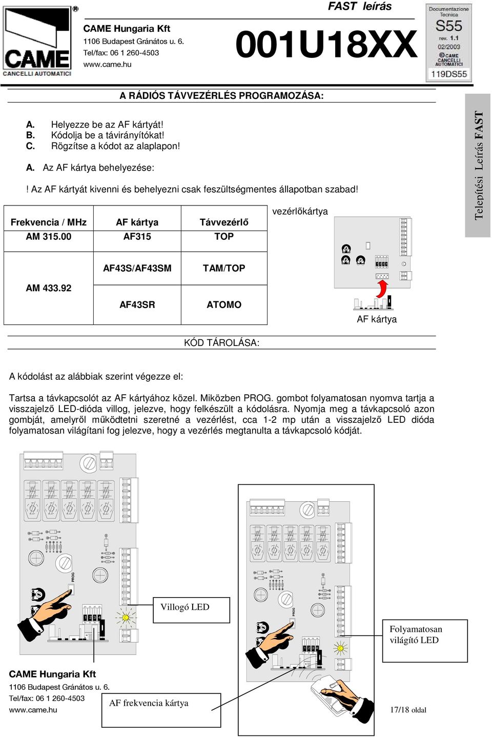 92 AF43SR ATOMO AF kártya KÓD TÁROLÁSA: A kódolást az alábbiak szerint végezze el: Tartsa a távkapcsolót az AF kártyához közel. Miközben PROG.