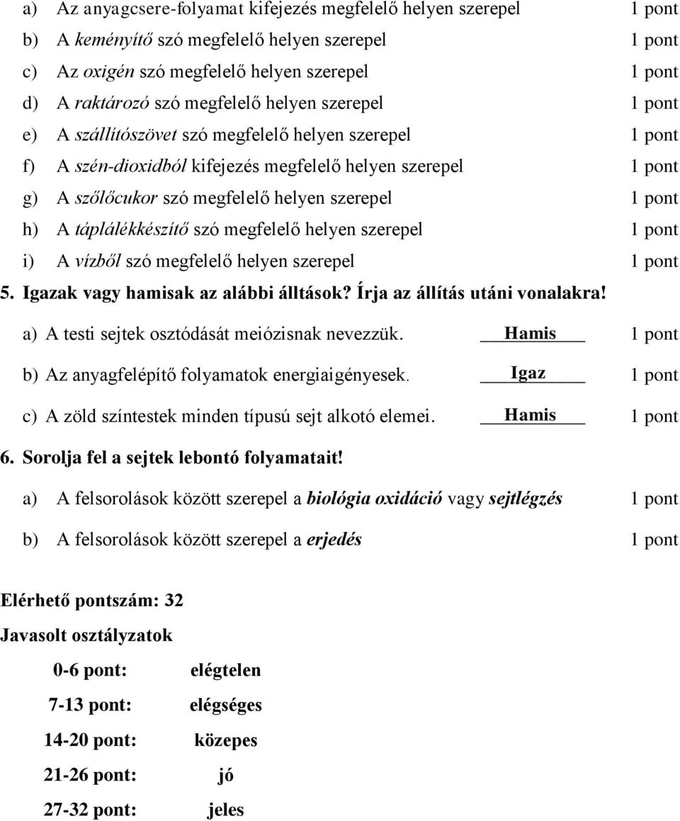 táplálékkészítő szó megfelelő helyen szerepel 1 pont i) A vízből szó megfelelő helyen szerepel 1 pont 5. Igazak vagy hamisak az alábbi álltások? Írja az állítás utáni vonalakra!