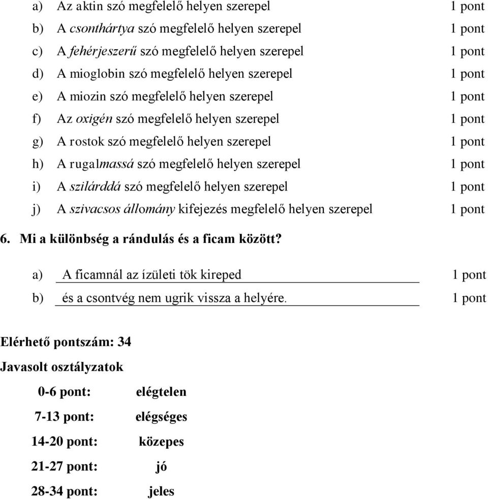 i) A szilárddá szó megfelelő helyen szerepel 1 pont j) A szivacsos állomány kifejezés megfelelő helyen szerepel 1 pont 6. Mi a különbség a rándulás és a ficam között?