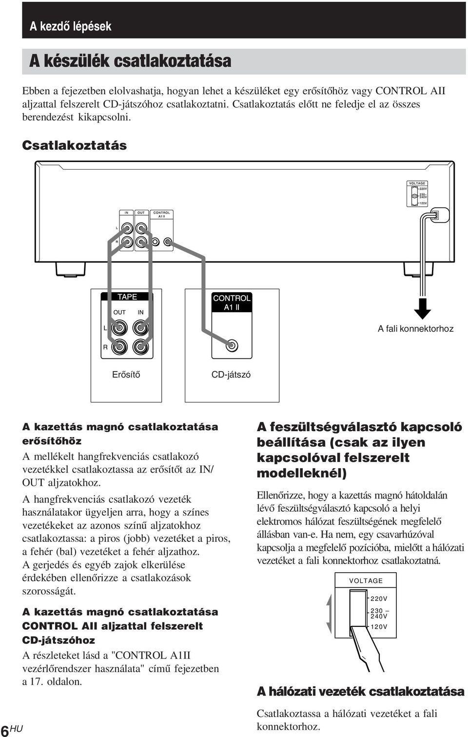 Csatlakoztatás A fali konnektorhoz Erősítő CD-játszó 6 HU A kazettás magnó csatlakoztatása erősítőhöz A mellékelt hangfrekvenciás csatlakozó vezetékkel csatlakoztassa az erősítőt az IN/ OUT