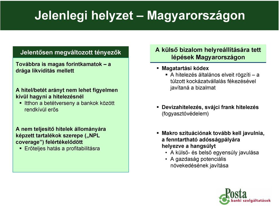 fékezésével javítaná a bizalmat Devizahitelezés, svájci frank hitelezés (fogyasztóvédelem) A nem teljesítő hitelek állományára képzett tartalékok szerepe ( NPL coverage ) felértékelődött Erőteljes