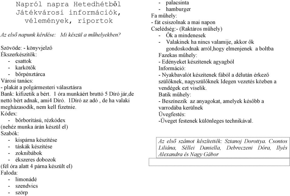 1 óra munkáért bruttó 5 Díró jár,de nettó bért adnak, ami4 Díró. 1Díró az adó, de ha valaki megházasodik, nem kell fizetnie.