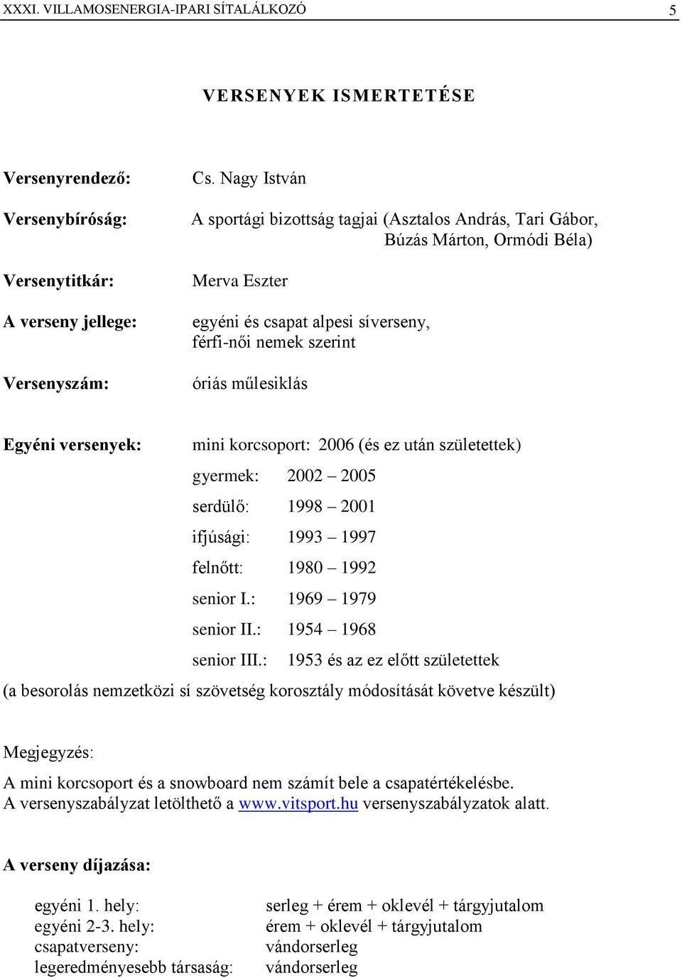 versenyek: mini korcsoport: 2006 (és ez után születettek) gyermek: 2002 2005 serdülő: 1998 2001 ifjúsági: 1993 1997 felnőtt: 1980 1992 senior I.: 1969 1979 senior II.: 1954 1968 senior III.