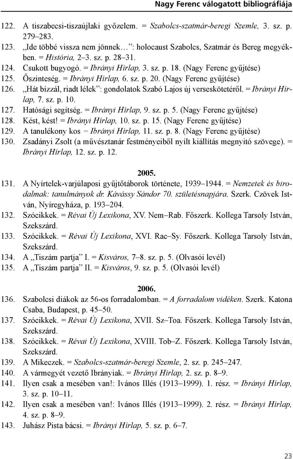 Õszinteség. = Ibrányi Hírlap, 6. sz. p. 20. (Nagy Ferenc gyûjtése) 126. Hát bízzál, riadt lélek : gondolatok Szabó Lajos új verseskötetérõl. = Ibrányi Hírlap, 7. sz. p. 10. 127. Hatósági segítség.