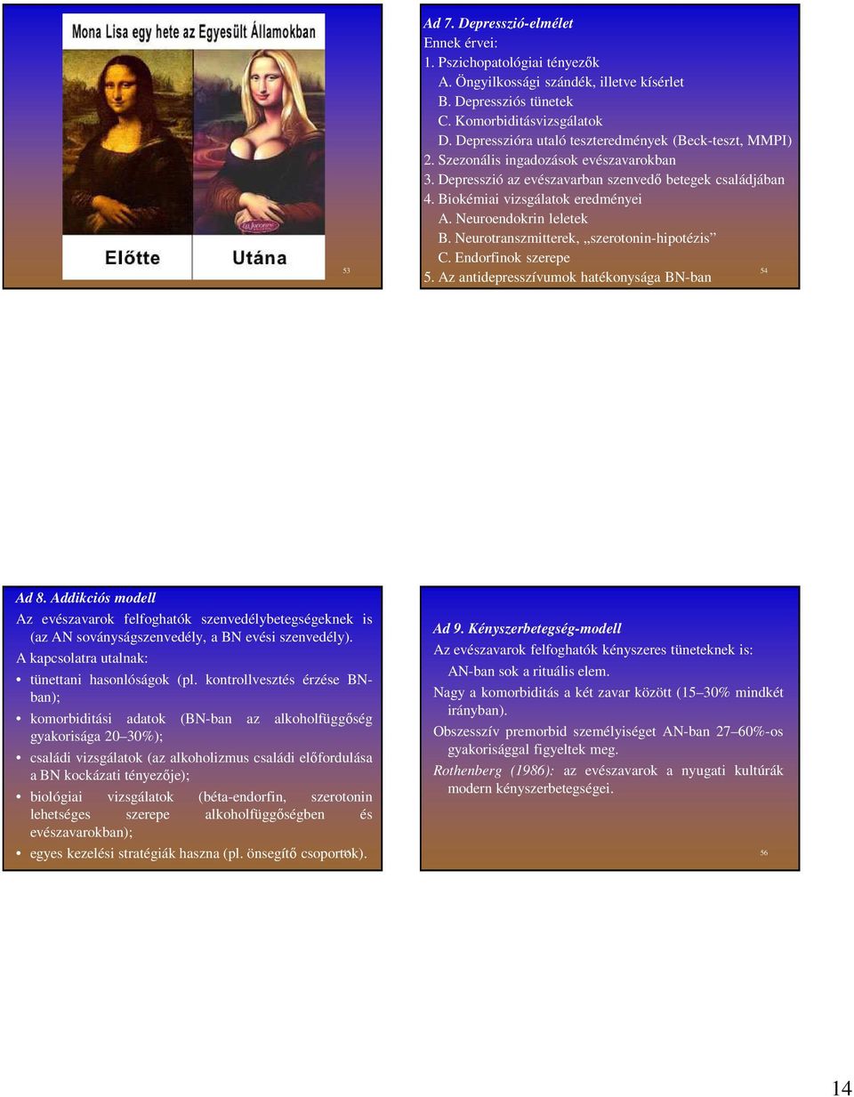 Neuroendokrin leletek B. Neurotranszmitterek, szerotonin-hipotézis C. Endorfinok szerepe 5. Az antidepresszívumok hatékonysága BN-ban 53 54 Ad 8.