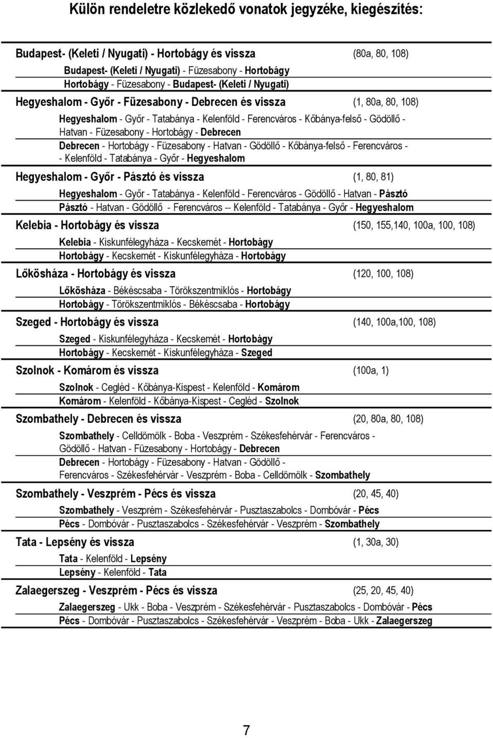 Füzesabony - Hortobágy - Debrecen Debrecen - Hortobágy - Füzesabony - Hatvan - Gödöll - Kbánya-fels - Ferencváros - - Kelenföld - Tatabánya - Gyr - Hegyeshalom Hegyeshalom - Gyr - Pásztó és vissza