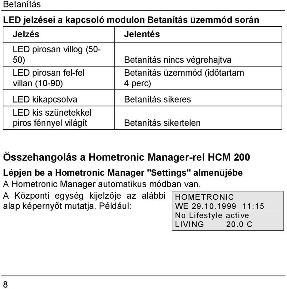 Betanítás sikertelen Összehangolás a Hometronic Manager-rel HCM 200 Lépjen be a Hometronic Manager "Settings" almenüjébe A Hometronic Manager