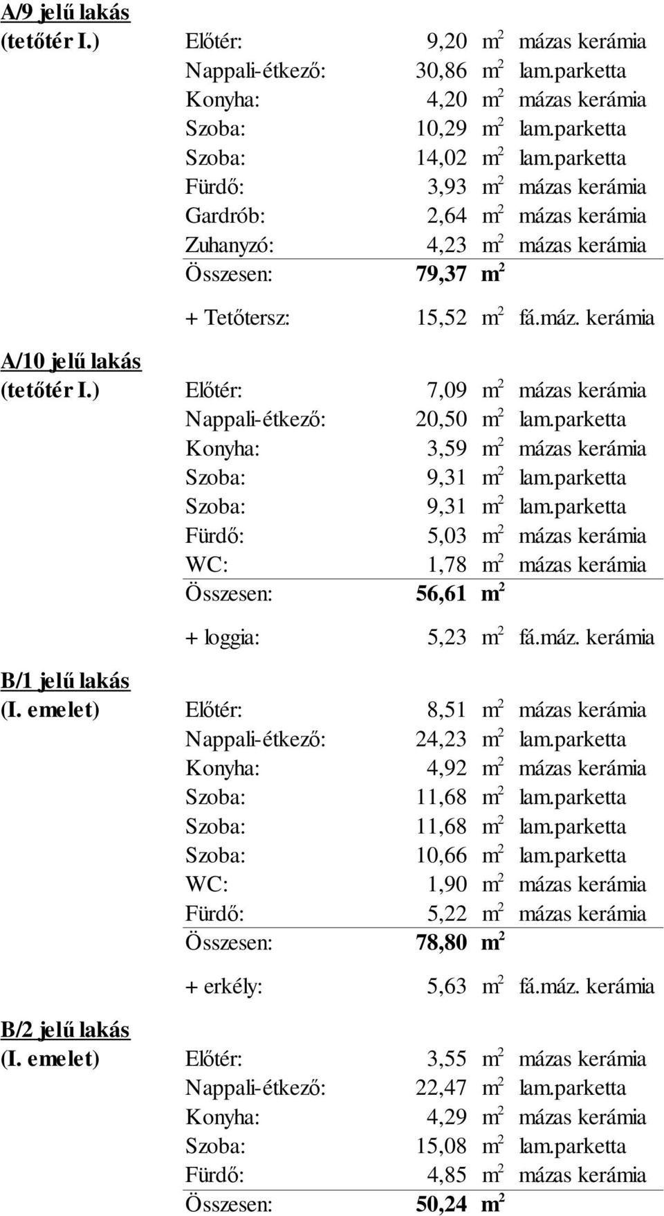 ) Előtér: 7,09 mázas kerámia Nappali-étkező: 20,50 lam.parketta Konyha: 3,59 mázas kerámia Szoba: 9,31 lam.parketta Szoba: 9,31 lam.