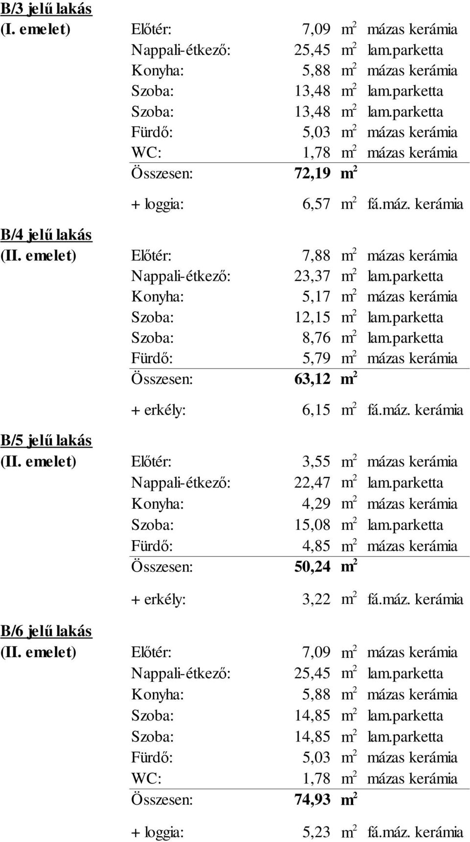 parketta Konyha: 5,17 mázas kerámia Szoba: 12,15 lam.parketta Szoba: 8,76 lam.parketta Fürdő: 5,79 mázas kerámia Összesen: 63,12 + erkély: 6,15 B/5 jelű lakás (II.