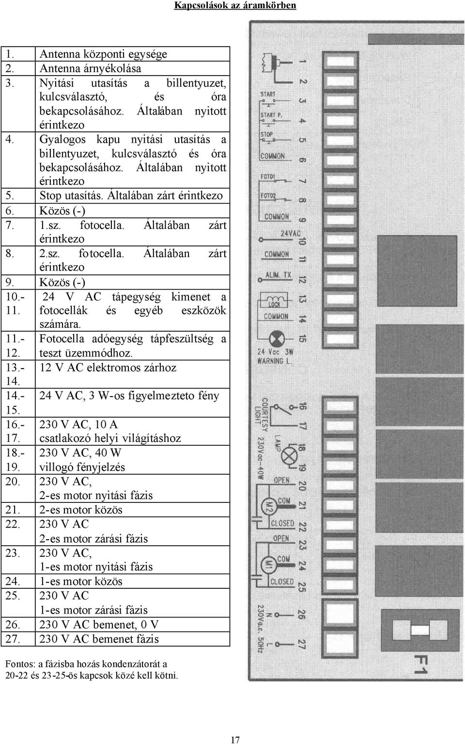 Általában zárt érintkezo 8. 2.sz. fotocella. Általában zárt érintkezo 9. Közös (-) 10.- 11. 24 V AC tápegység kimenet a fotocellák és egyéb eszközök számára. 11.- Fotocella adóegység tápfeszültség a 12.
