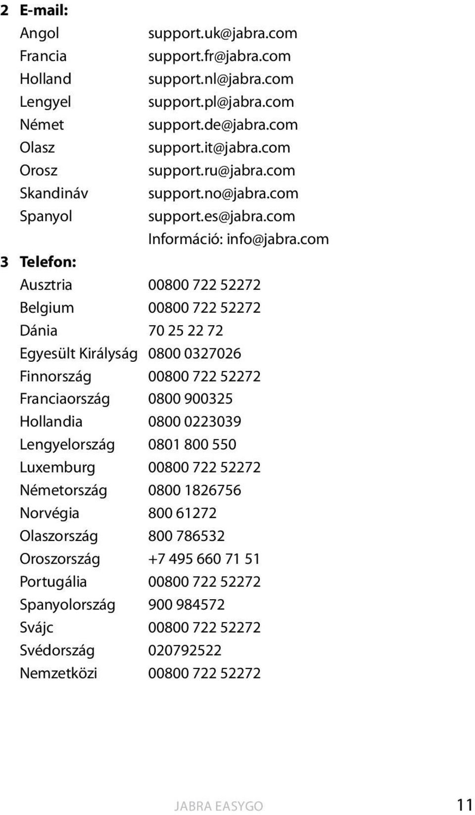 com 3 Telefon: Ausztria 00800 722 52272 Belgium 00800 722 52272 Dánia 70 25 22 72 Egyesült Királyság 0800 0327026 Finnország 00800 722 52272 Franciaország 0800 900325 Hollandia 0800