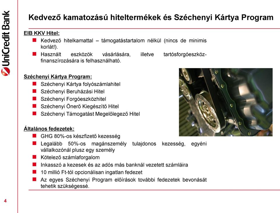 Széchenyi Kártya Program: Széchenyi Kártya folyószámlahitel Széchenyi Beruházási Hitel Széchenyi Forgóeszközhitel Széchenyi Önerő Kiegészítő Hitel Széchenyi Támogatást Megelőlegező Hitel Általános