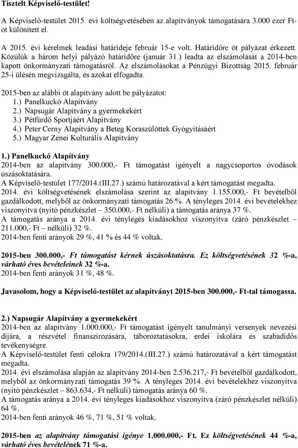 február 25-i ülésén megvizsgálta, és azokat elfogadta. 2015-ben az alábbi öt alapítvány adott be pályázatot: 1.) Panelkuckó Alapítvány 2.) Napsugár Alapítvány a gyermekekért 3.