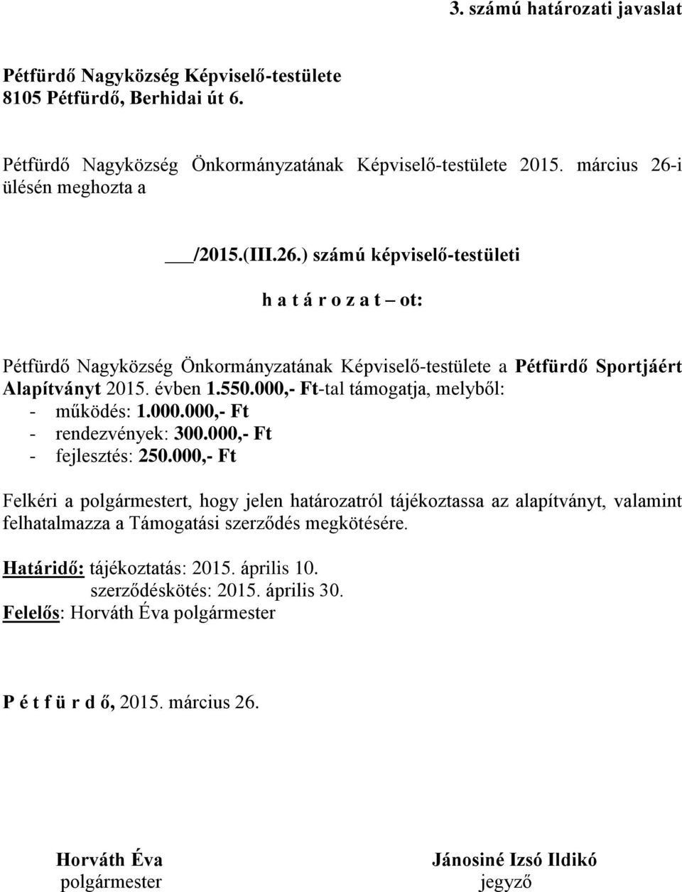 évben 1.550.000,- Ft-tal támogatja, melyből: - működés: 1.000.000,- Ft - rendezvények: 300.000,- Ft - fejlesztés: 250.