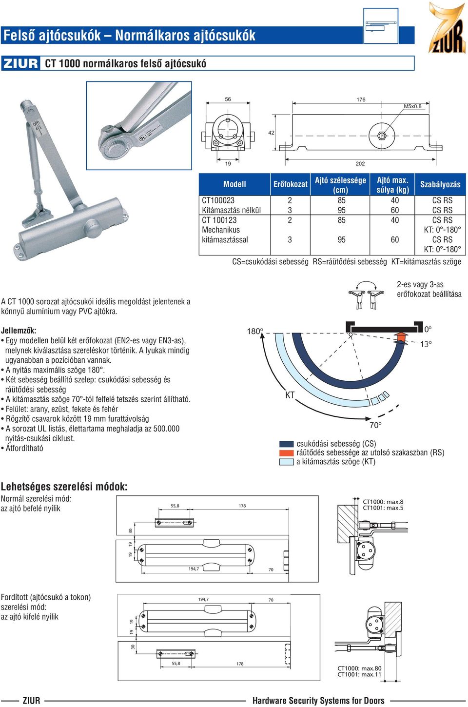 ajtócsukói ideális megoldást jelentenek a könnyû alumínium vagy PVC ajtókra. 0º 180º Jellemzõk: Egy modellen belül két erõfokozat (EN-es vagy EN-as), melynek kiválasztása szereléskor történik.