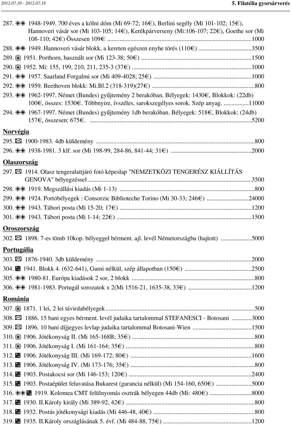 1949. Hannoveri vásár blokk, a kereten egészen enyhe törés (110 )...3500 289. 1951. Porthorn, használt sor (Mi 123-38; 50 )...1500 290. 1952. Mi: 155, 199, 210, 211, 235-3 (37 )...1000 291. 1957.