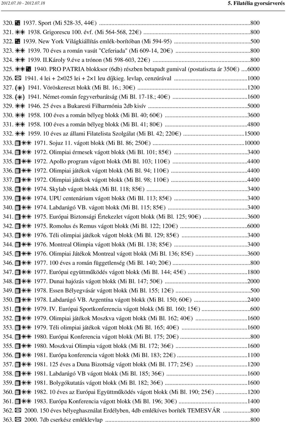 4 lei + 2 025 lei + 2 1 leu díjkieg. levlap, cenzúrával...1000 327. 1941. Vöröskereszt blokk (Mi Bl. 16.; 30 )...1200 328. 1941. Német-román fegyverbarátság (Mi Bl. 17-18.; 40 )...1600 329. 1946.