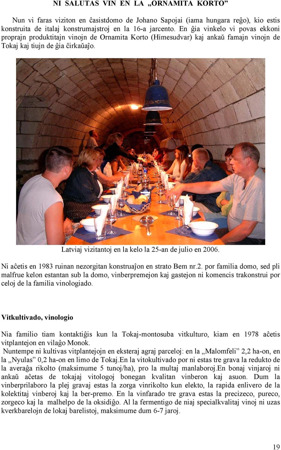 Latviaj vizitantoj en la kelo la 25-an de julio en 2006. Ni aĉetis en 1983 ruinan nezorgitan konstruaĵon en strato Bem nr.2. por familia domo, sed pli malfrue kelon estantan sub la domo, vinberpremejon kaj gastejon ni komencis trakonstrui por celoj de la familia vinologiado.