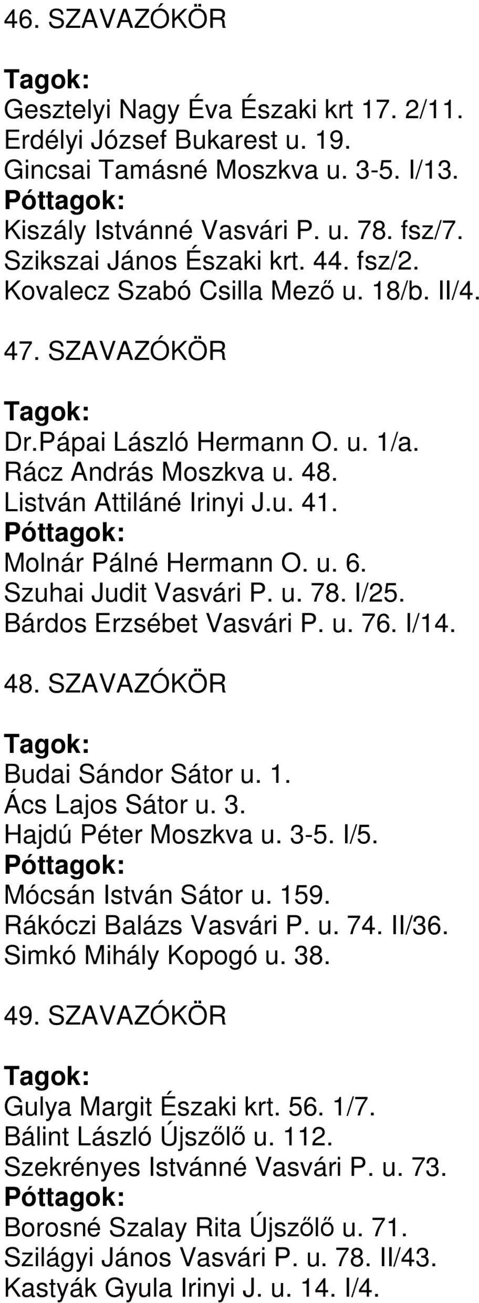 Szuhai Judit Vasvári P. u. 78. I/25. Bárdos Erzsébet Vasvári P. u. 76. I/14. 48. SZAVAZÓKÖR Budai Sándor Sátor u. 1. Ács Lajos Sátor u. 3. Hajdú Péter Moszkva u. 3-5. I/5. Mócsán István Sátor u. 159.
