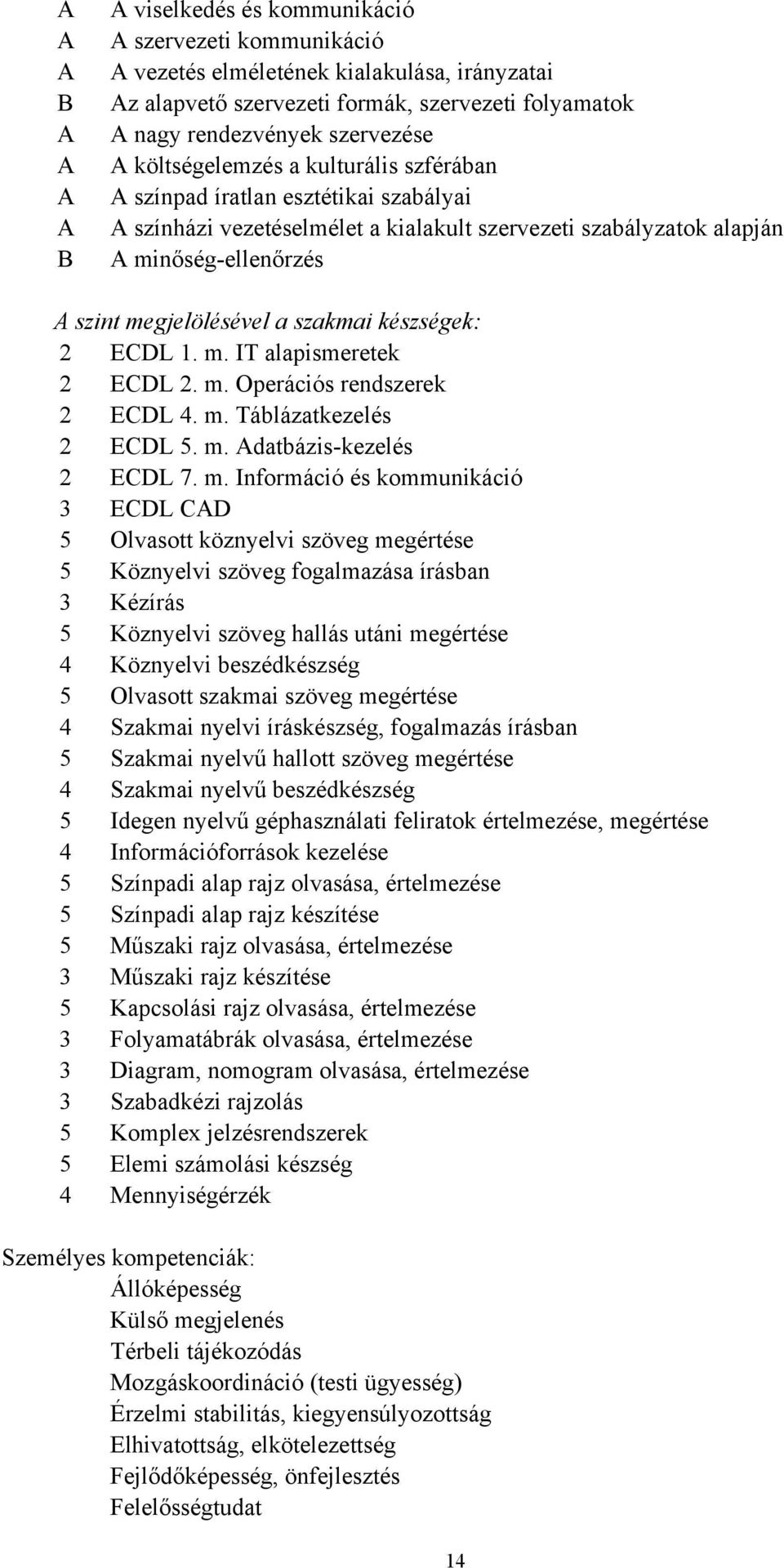 megjelölésével a szakmai készségek: 2 ECDL 1. m.