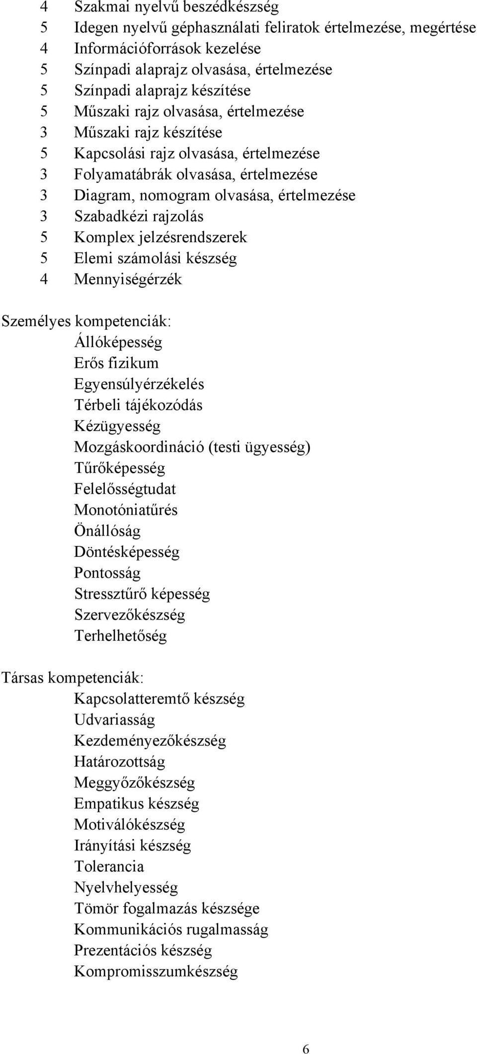 rajzolás 5 Komplex jelzésrendszerek 5 Elemi számolási készség 4 Mennyiségérzék Személyes kompetenciák: Állóképesség Erős fizikum Egyensúlyérzékelés Térbeli tájékozódás Kézügyesség Mozgáskoordináció