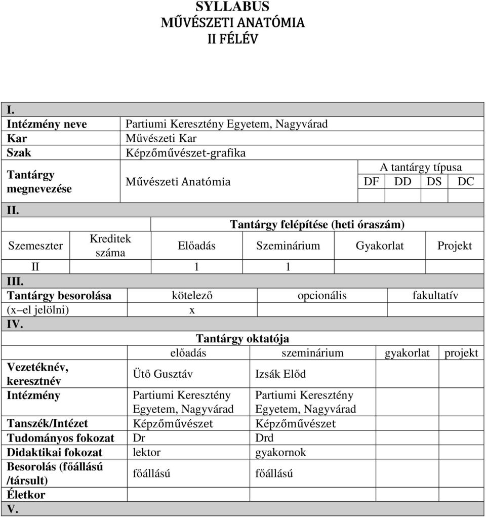 Tantárgy felépítése (heti óraszám) Szemeszter Kreditek száma Előadás Szeminárium Gyakorlat Projekt II III. Tantárgy besorolása kötelező opcionális fakultatív (x el jelölni) x IV.