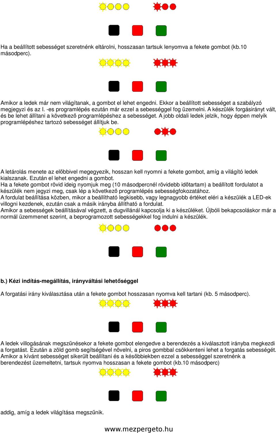 A készülék forgásirányt vált, és be lehet állítani a következő programlépéshez a sebességet. A jobb oldali ledek jelzik, hogy éppen melyik programlépéshez tartozó sebességet állítjuk be.