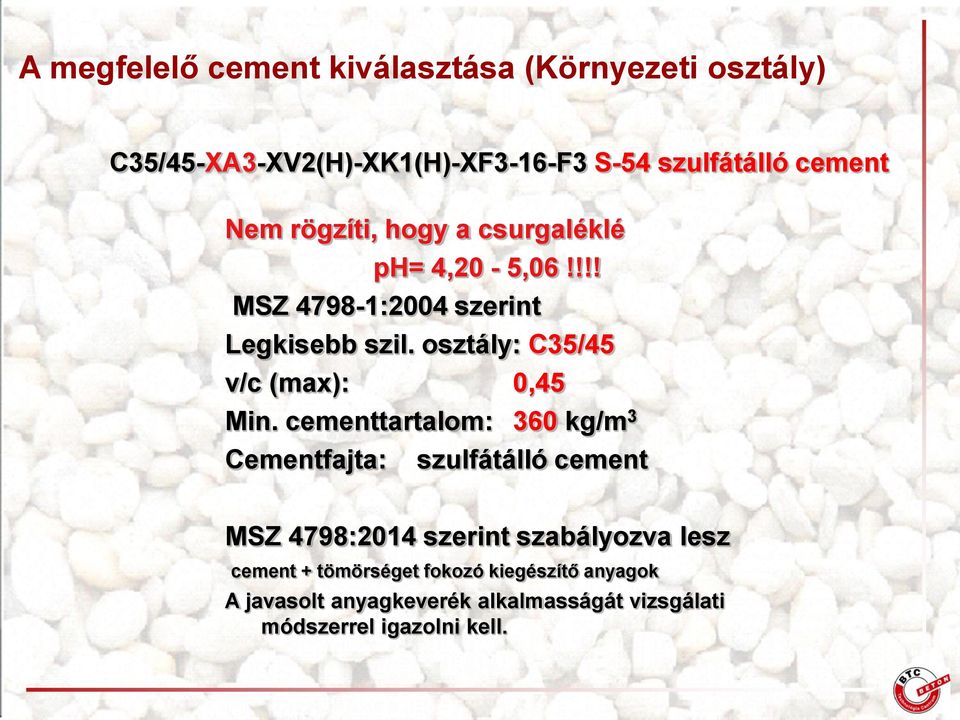 osztály: C35/45 v/c (max): 0,45 Min.