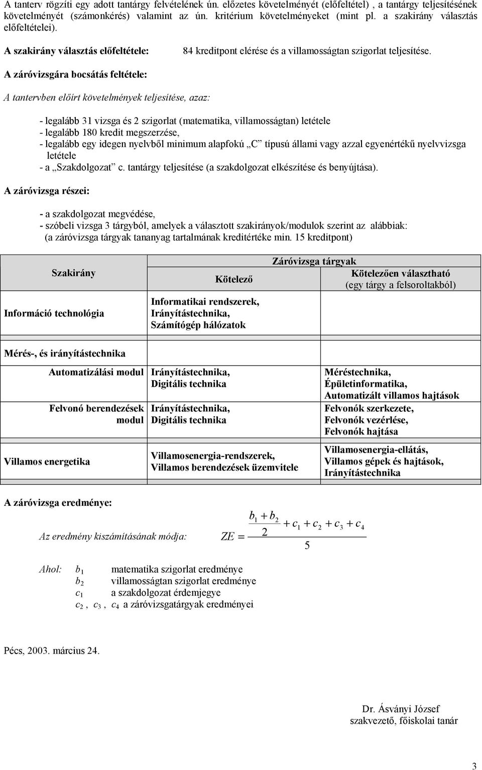 A záróvizsgára bocsátás feltétele: A tantervben előírt követelmények teljesítése, azaz: - legalább 31 vizsga és 2 szigorlat (matematika, villamosságtan) letétele - legalább 180 kredit megszerzése, -