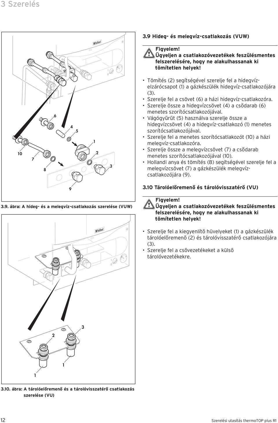 Szerelje össze a hidegvízcsövet (4) a csődarab (6) menetes szorítócsatlakozójával. Vágógyűrűt (5) használva szerelje össze a hidegvízcsövet (4) a hidegvíz-csatlakozó () menetes szorítócsatlakozójával.