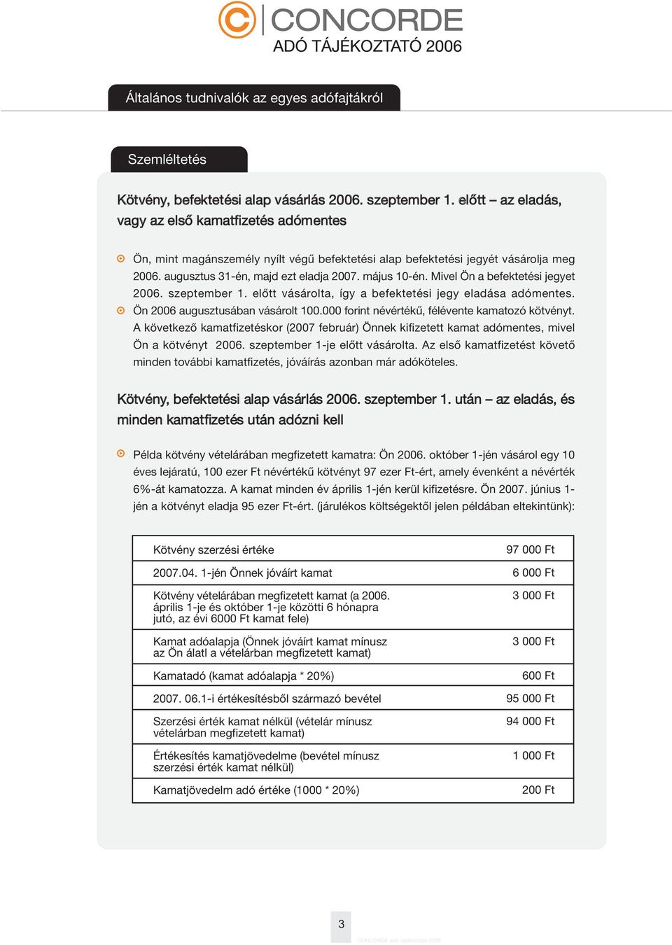 Mivel Ön a befektetési jegyet 2006. szeptember 1. elõtt vásárolta, így a befektetési jegy eladása adómentes. Ön 2006 augusztusában vásárolt 100.000 forint névértékû, félévente kamatozó kötvényt.