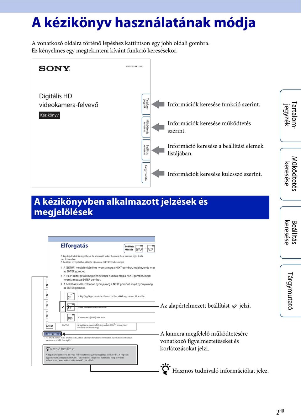 A kézikönyvben alkalmazott jelzések és megjelölések Elforgatás kijelzés t Információ a beállítási elemek listájában. Információk kulcsszó szerint. A kép fejjel lefelé is rögzíthető.