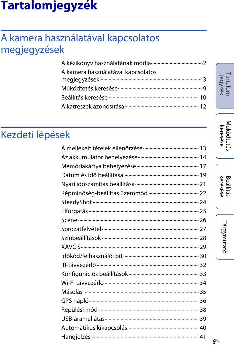 beállítása 21 Képminőség-beállítás üzemmód 22 SteadyShot 24 Elforgatás 25 Scene 26 Sorozatfelvétel 27 Színbeállítások 28 XAVC S 29 Időkód/felhasználói bit 30