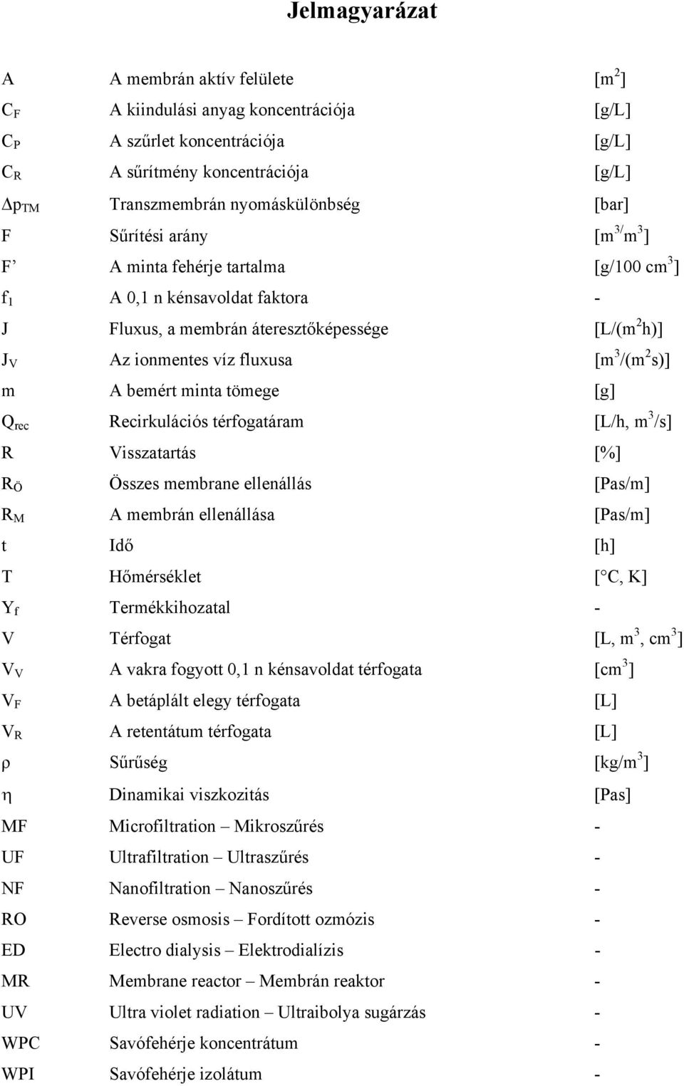 2 s)] m A bemért minta tömege [g] Q rec Recirkulációs térfogatáram [L/h, m 3 /s] R Visszatartás [%] R Ö Összes membrane ellenállás [Pas/m] R M A membrán ellenállása [Pas/m] t Idő [h] T Hőmérséklet [