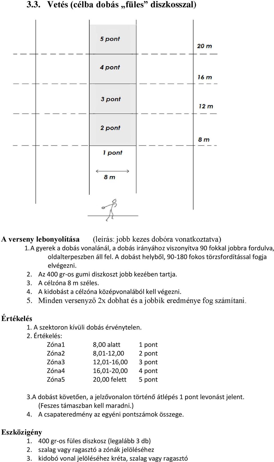 Az 400 gr-os gumi diszkoszt jobb kezében tartja. 3. A célzóna 8 m széles. 4. A kidobást a célzóna középvonalából kell végezni. 5. Minden versenyző 2x dobhat és a jobbik eredménye fog számítani. 1.