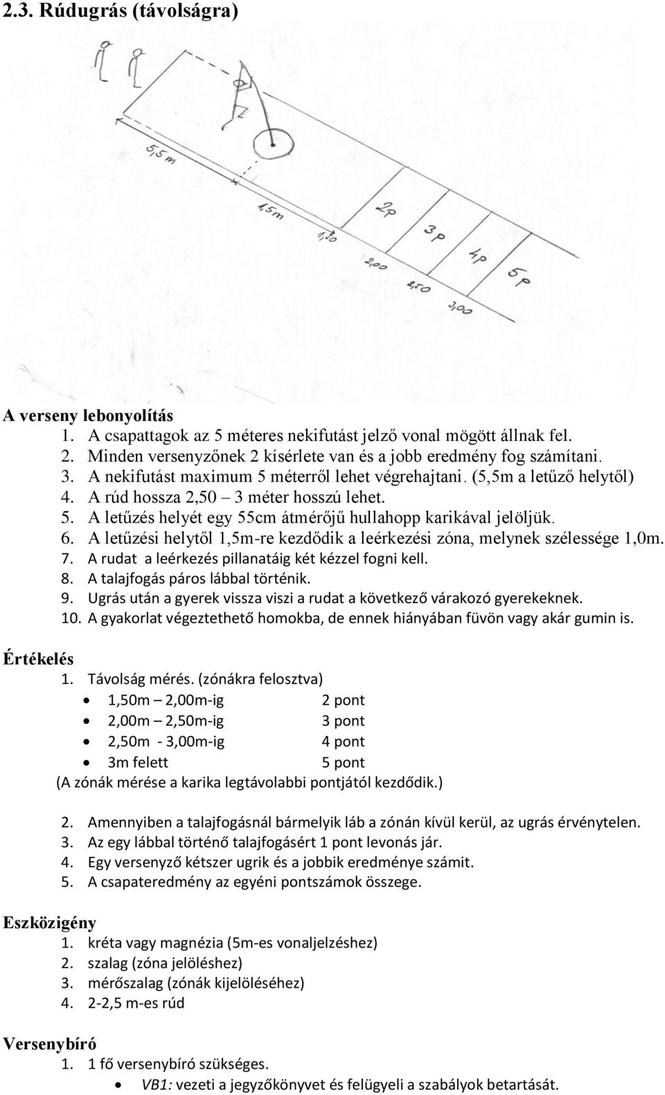 A letűzési helytől 1,5m-re kezdődik a leérkezési zóna, melynek szélessége 1,0m. 7. A rudat a leérkezés pillanatáig két kézzel fogni kell. 8. A talajfogás páros lábbal történik. 9.