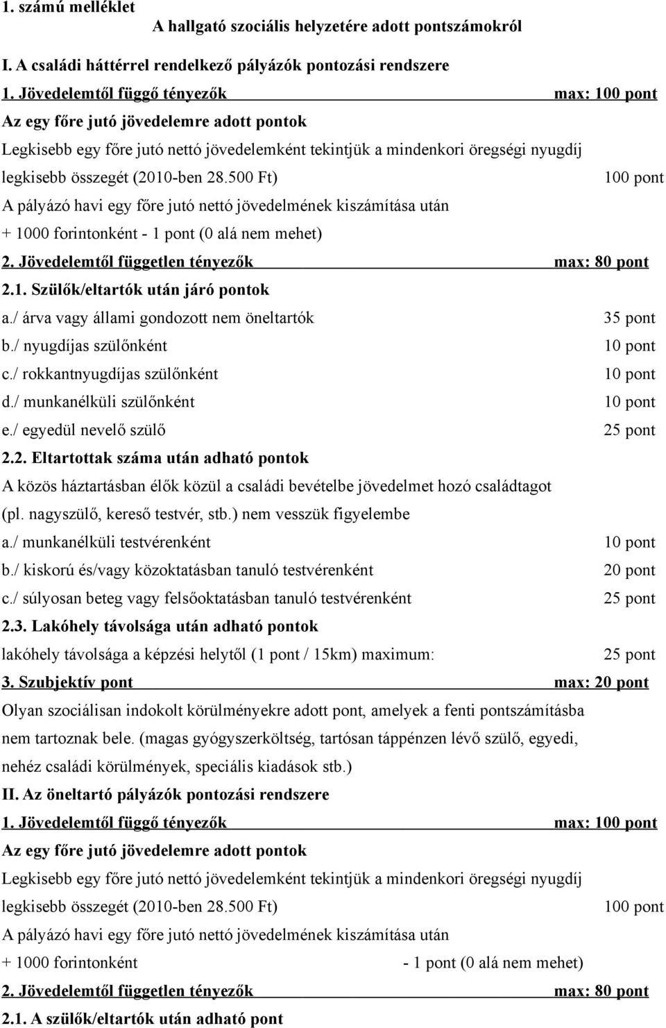 500 Ft) 100 pont A pályázó havi egy főre jutó nettó jövedelmének kiszámítása után + 1000 forintonként - 1 pont (0 alá nem mehet) 2. Jövedelemtől független tényezők max: 80 pont 2.1. Szülők/eltartók után járó pontok a.